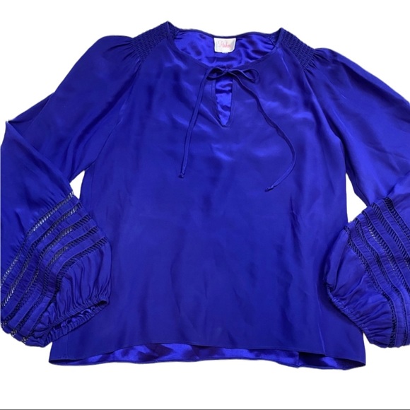 PARKER Royal Blue Silk Neck Tie Balloon Sleeve Blouse - Picture 6 of 8